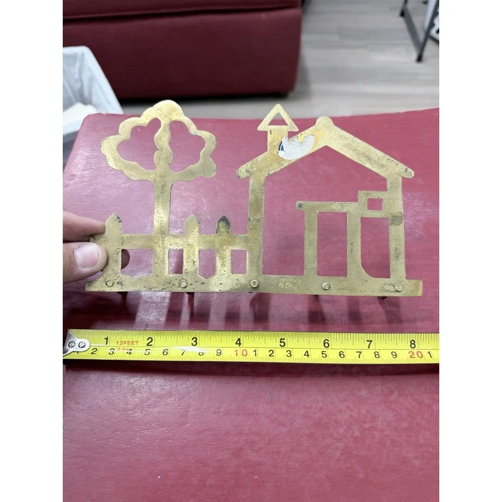 Vtg Brass House Tree Fence Solid 5 Hook Key Holder Kitchen 8